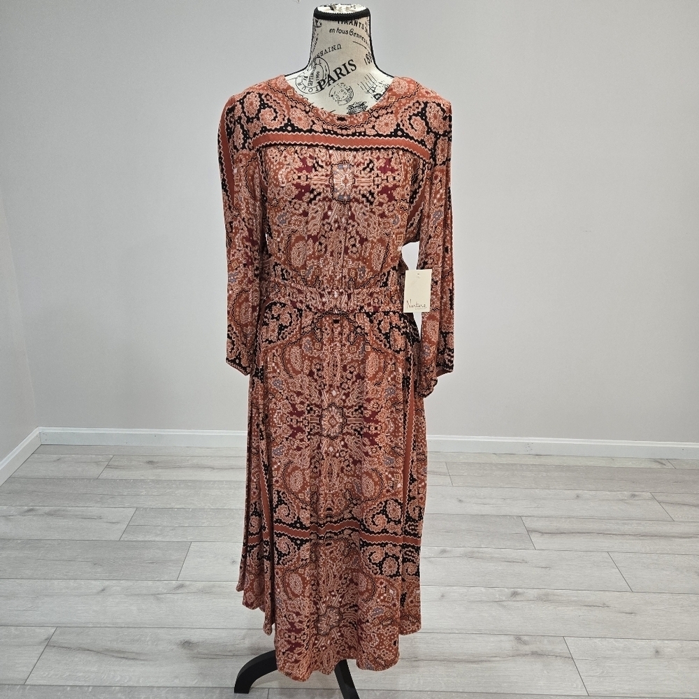 Nurture Paisley Midi Dress Medium Boho Rust Terracotta Elastic Waist V Hem - Picture 2 of 10